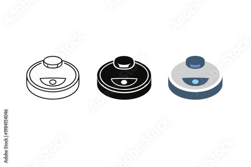 Set of three robotic vacuum cleaner icons in outline, solid, and flat color styles, depicting automated household floor cleaning device in top view