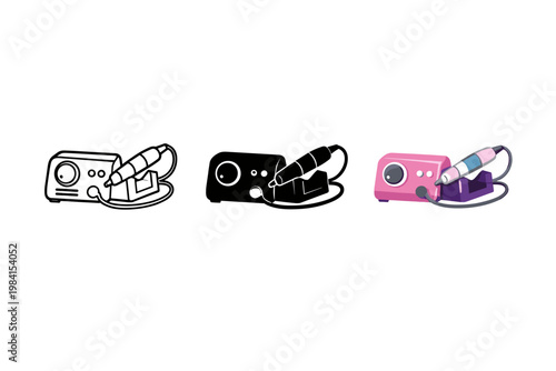 Minimal vector set of three electric nail drill machines with handpieces and cords, shown in outline, solid black, and colorful styles on white