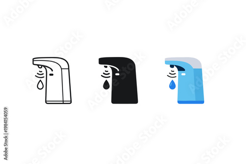 Minimal vector icons of automatic soap dispensers showing different styles and droplet outputs, isolated on a clean white background