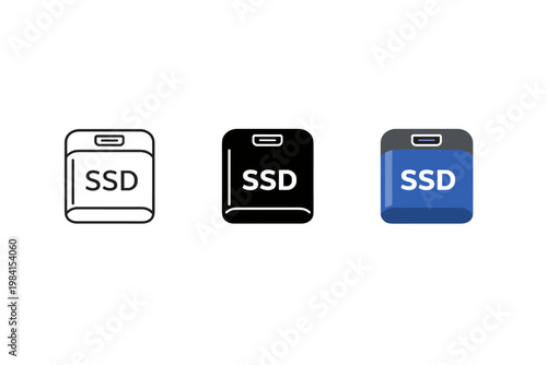 Three solid-state drive icons in outline, filled, and gradient styles, representing digital storage and memory device symbols on a white background