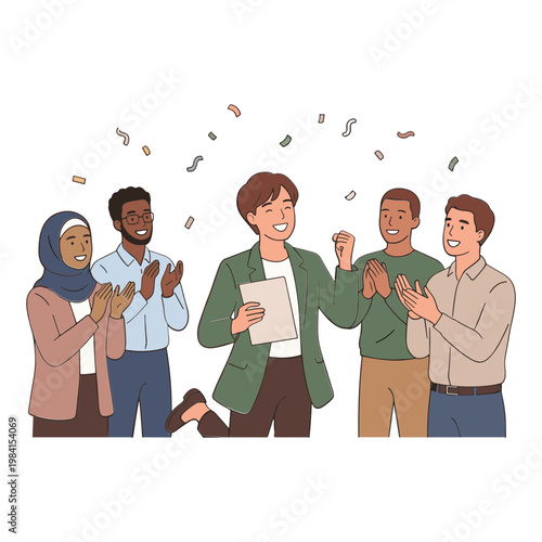 A cheerful man smiles while looking back over his shoulder in an illustration.