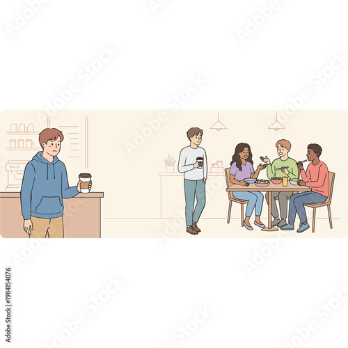 People are eating and drinking at a table in a restaurant while a man orders at the counter.