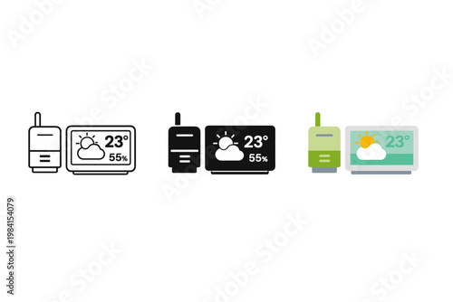 Minimal vector icons of a wireless handheld device paired with a weather display screen showing partly cloudy forecast, temperature reading and humidity level