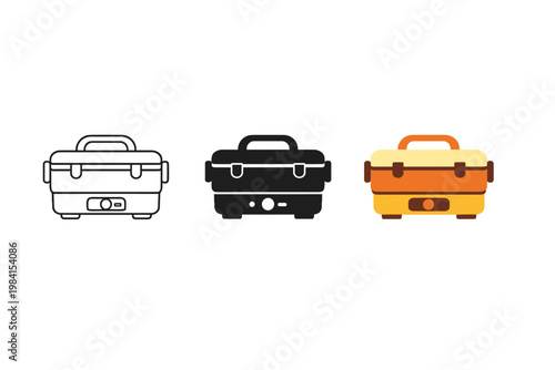 Minimal vector set of three portable electric lunchbox containers in outline, solid, and colored styles, showing handled food warmers on white background