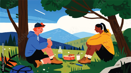 Illustration Of People Relaxing Sitting On The Grass While Opening Their Packed Lunch Vector Design Template