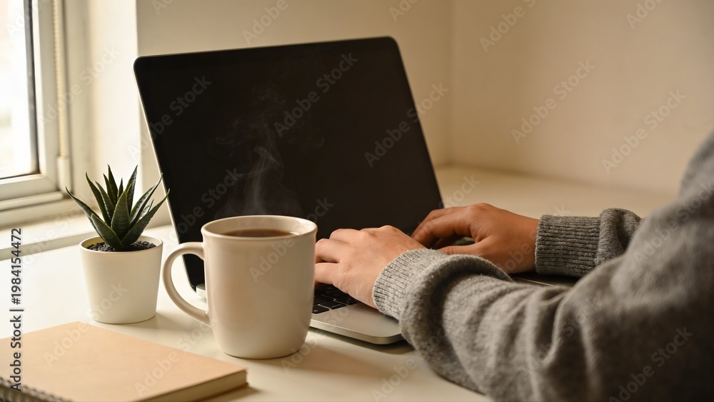 Fototapeta premium Minimalist desk setup featuring a laptop, a steaming cup of coffee, and a small indoor plant near a window. Represents productivity, calm lifestyle, and modern work environment.