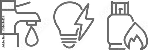 Professional Grey Outline Utility Icon Set Featuring Water Faucet, Electric Bulb with Energy Spark, and Domestic Gas Tank with Flame for Service and Maintenance Concepts