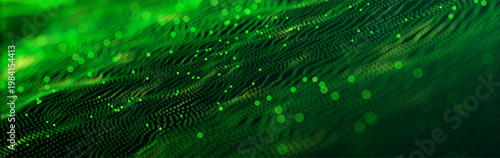 Futuristic green wave vector background with glowing particles and grid. Big data visualization, AI concept, data processing. Perfect for cybersecurity, blockchain tech presentation. Neon digital flow