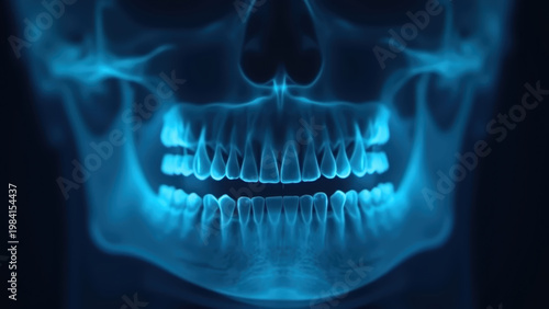 Dental X-ray panoramic scan glowing on lightbox showing full jaw implants, dark radiology background