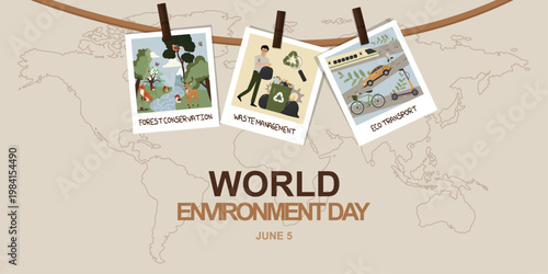 World environment day banner. Environment Day banner with hanging polaroid-style scenes for forest conservation, waste management, and eco transport over a world map background. Vector illustration