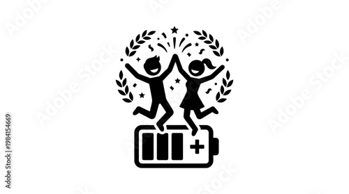 Energy Boost Happy People Celebrating on a Battery