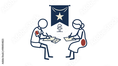 Couple Signing Legal Documents Under Banner