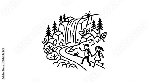 Couple Hiking Near a Waterfall in Nature