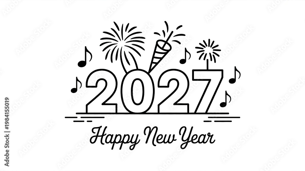 Naklejka premium Minimalist Line Art 2027 New Year Celebration with Fireworks Party Horn and Musical Notes for Greeting Cards Invitations and Festive Designs