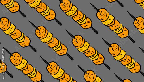 Satay Seamless Pattern Design. Souvlaki Skewer Food Illustration. Grilled Meat Stick Motif. Handdrawn Street Food Style. Background For Packaging Textile.