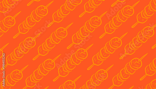 Satay Seamless Pattern Design. Souvlaki Skewer Food Illustration. Grilled Meat Stick Motif. Handdrawn Street Food Style. Background For Packaging Textile.