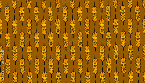 Satay Seamless Pattern Design. Souvlaki Skewer Food Illustration. Grilled Meat Stick Motif. Handdrawn Street Food Style. Background For Packaging Textile.