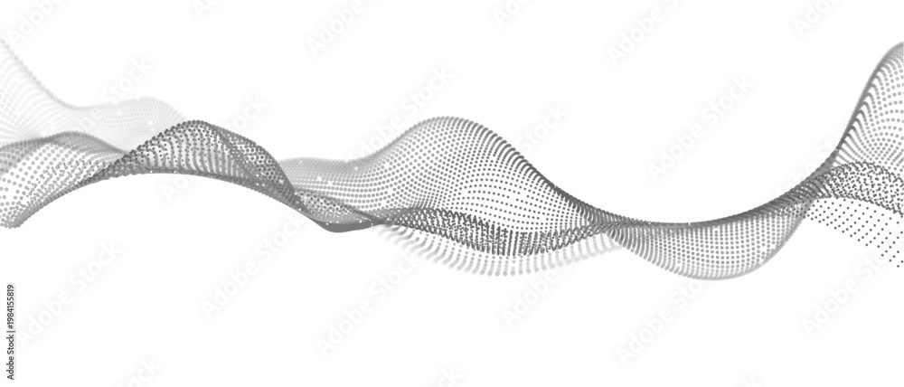 Fototapeta premium Abstract futuristic gray wave with floating particles and flowing lines on white vector background. Digital art for videointro, gaming, sci-fi poster, music or sound visualizer. Data flow concept.