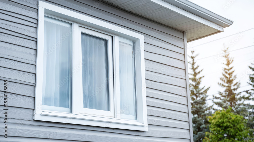 Fototapeta premium Residential building wall featuring gray vinyl siding and white trim around a new window, suggesting home construction or renovation