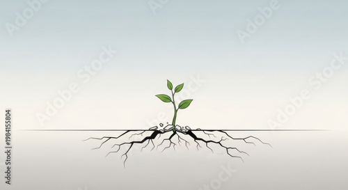 A small green plant with roots emerging from the ground, set against a light background with a subtle gradient.
