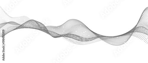 Abstract futuristic gray wave with floating particles and flowing lines on white vector background. Digital art for videointro, gaming, sci-fi poster, music or sound visualizer. Data flow concept.