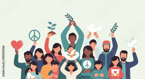 Diverse group of people holding symbols of peace, love, and growth, representing unity and hope for a better future