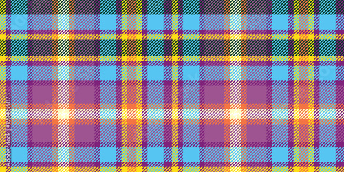 A vibrant, seamless tartan pattern featuring dynamic diagonal lines in a modern neon color palette, designed for youth apparel and fashion-forward home decor