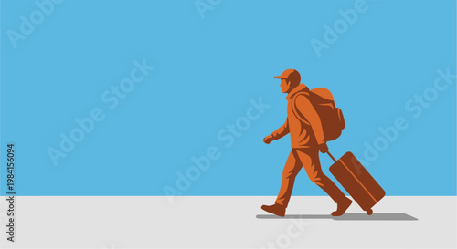 Minimalist illustration of a solo traveler with backpack and suitcase, ready for a new journey or vacation against a clear blue sky