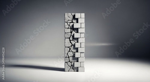 A vertical, cracked concrete structure with a white background and a shadow cast on the ground.