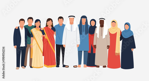 A diverse group of men and women in traditional clothing standing together, representing multiculturalism and unity