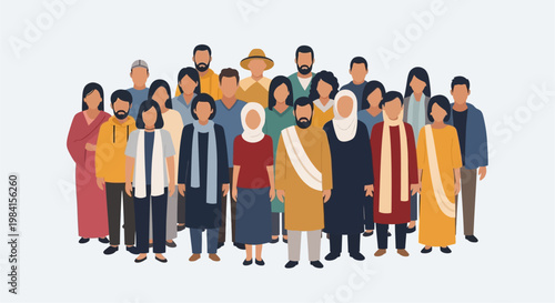 A diverse group of multi-ethnic people from various cultures and backgrounds standing together, symbolizing global unity, community, and social inclusion in a flat illustration style