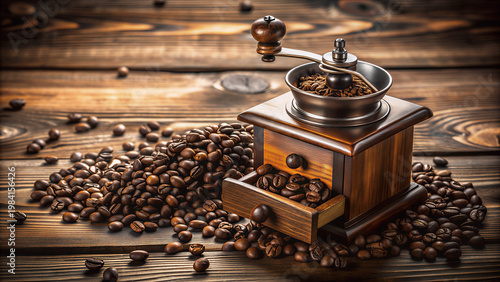 Penggiling kopi antik berisi biji kopi di atas meja kayu pedesaan saat matahari terbit.
