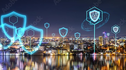 Smart city relection on sea and security futuristic diital shield show check point enegry technology