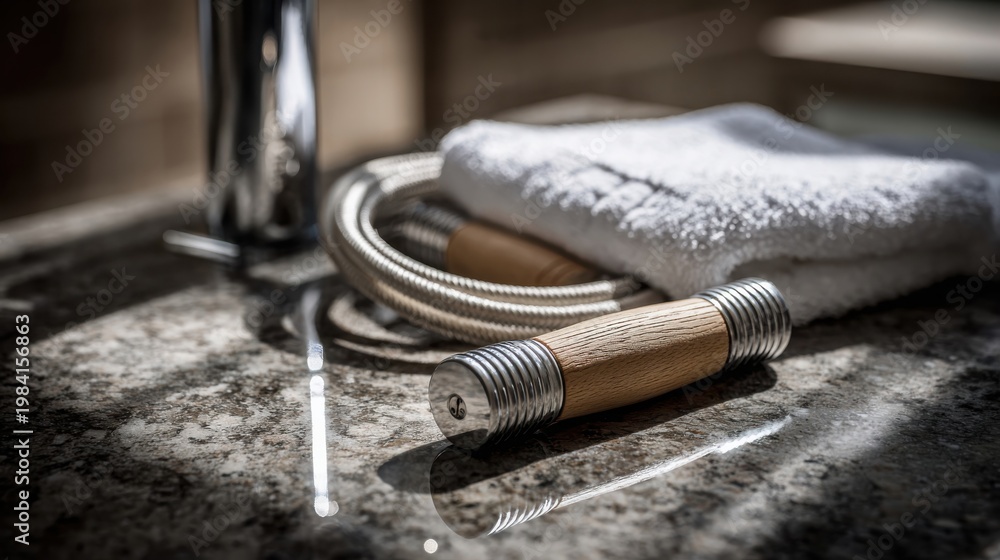 Fototapeta premium Elegant Stainless Steel Jump Rope with Natural Wooden Handles, Perfect for Fitness Training and Cardio Workouts