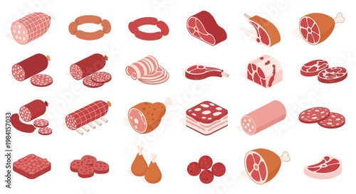 A Variety of Delicious Meat Products and Cuts Displayed in an Isometric Style