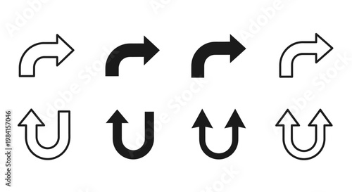Set of simple curved and U-shaped arrows for navigation and direction indication
