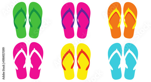 Colorful flip-flops set isolated on white background, summer footwear collection, vibrant beach sandals