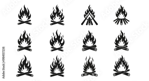 Collection of Stylized Bonfire and Fire Icons on a White Background