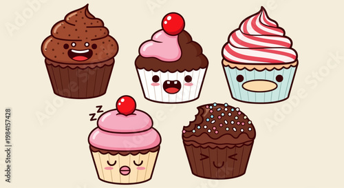 Cute Kawaii Cupcakes with Happy Faces - A Collection of Sweet Desserts