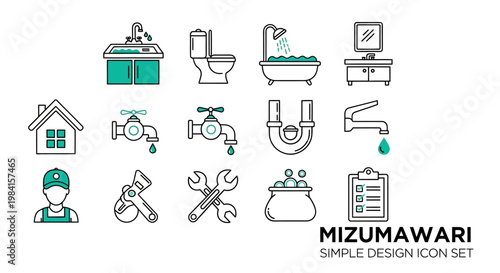 Comprehensive collection of minimalist outline icons representing plumbing services, home repair, bathroom fixtures, and essential maintenance tools