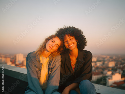 Two friends smiling together on a rooftop during sunset in a city with a view of buildings and a clear sky