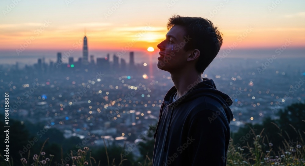Fototapeta premium A young man stands on a hill overlooking a city skyline at sunset, wearing a black hoodie and dark pants, with the sun setting behind the buildings in the distance.