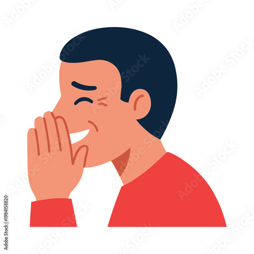 Man whispering loudly with hand near mouth in closeup illustration