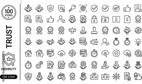 A collection of line icons depicting trust and credibility concepts AI, eps, png, jpg. transparent background.