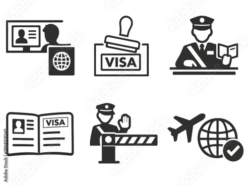 Print  Flat Minimal Travel Visa and Immigration Icons Set – Passport Control, Visa Stamp, Border Check, Travel Document, Immigration Process, International Travel Approval, Clean White Background 