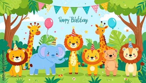 Jungle animals celebrate birthday party.