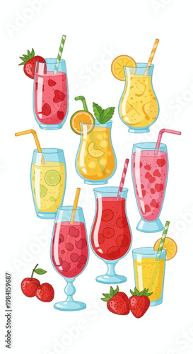 Illustration of various tropical cocktails and fruit smoothies in different glass shapes garnished with strawberries, orange, lime, mint leaves, and striped straws on white background.