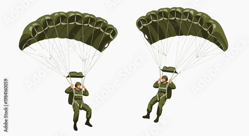 Two soldiers in military uniforms descending with parachutes, vector illustration on white background