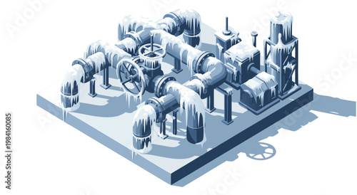 Isometric vector illustration of a frozen industrial pipeline system with valves and gears, a cold processing plant