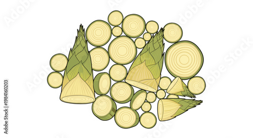 A delightful arrangement of various bamboo shoots, both whole and sliced, showcasing their unique conical shapes and layered internal structure.